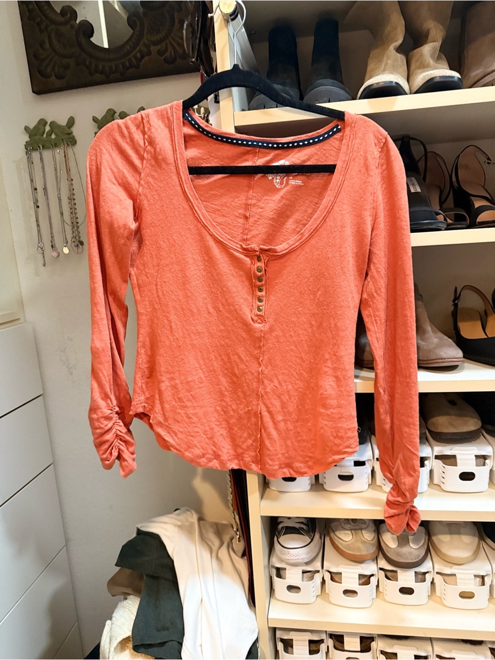 Pilcro Coral Long Sleeve Henley with Cuff Ties